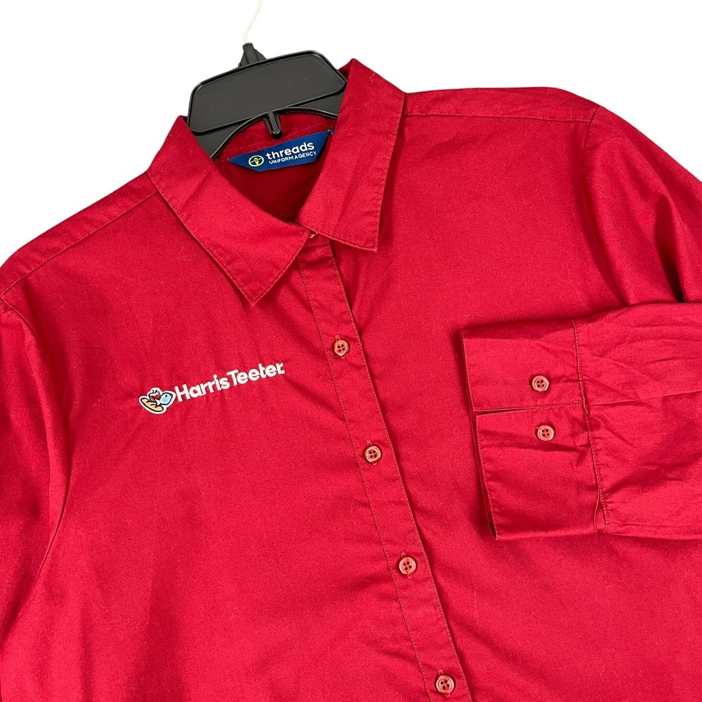 Harris Teeter Employee Uniform Button Down Shirt Red Embroidered Logo XL Womens